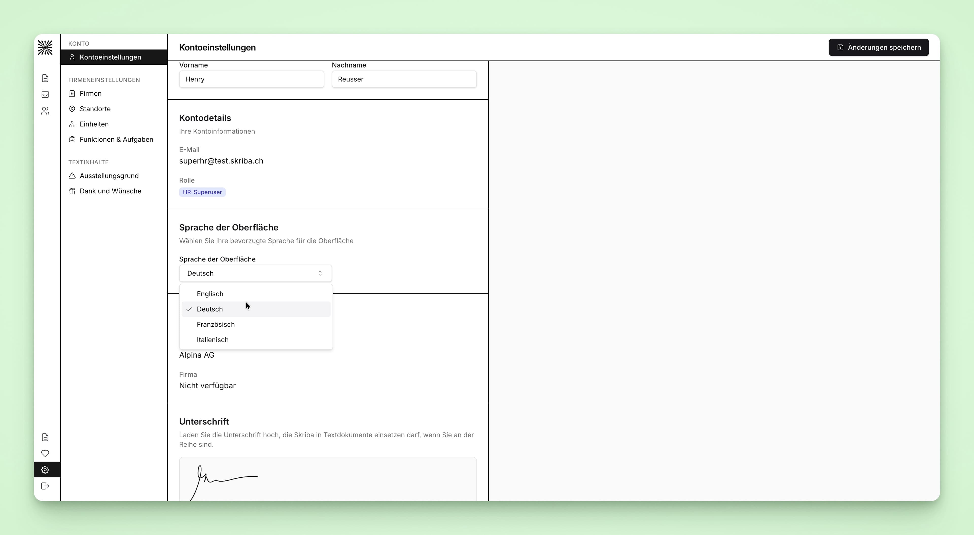 Changing the language in the profile (user interface)