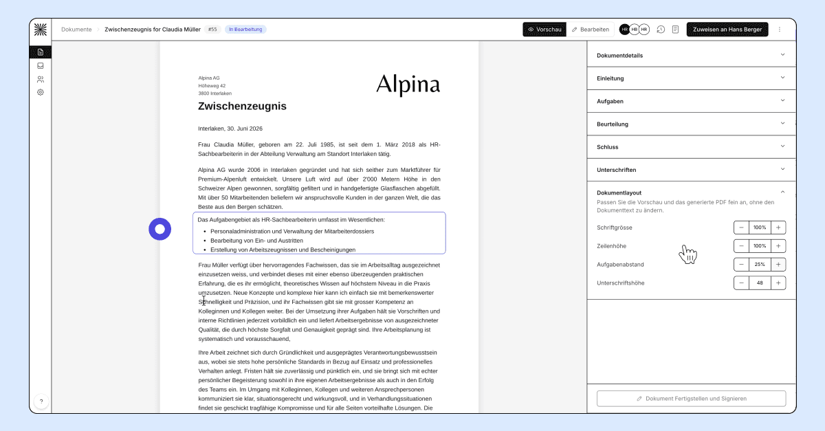Dokumentenlayout im Zeugnis