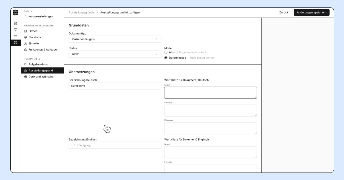 Evaluation and document types with predefined texts